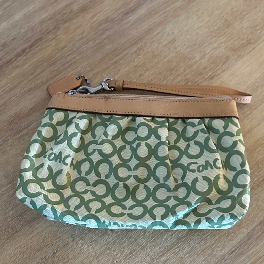Coach Signature Green And Tan Wristlet